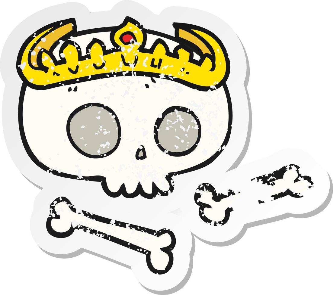 retro verontrust sticker van een tekenfilm schedel vervelend tiara vector