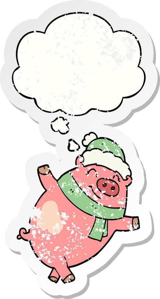 cartoon varken met kerstmuts en gedachte bel als een versleten versleten sticker vector