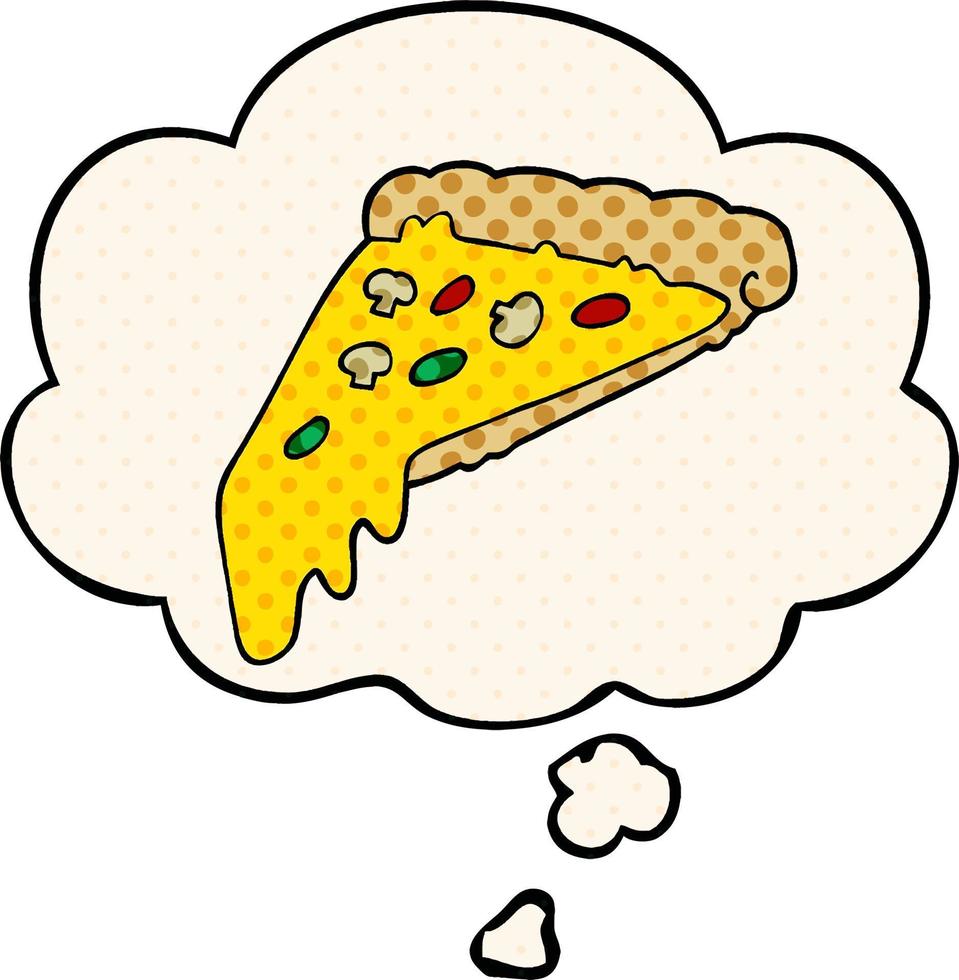 cartoon pizza slice en gedachte bel in stripboekstijl vector