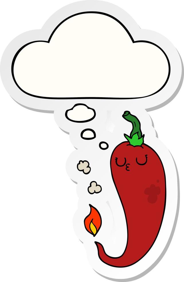 cartoon hete chili peper en gedachte bel als een gedrukte sticker vector