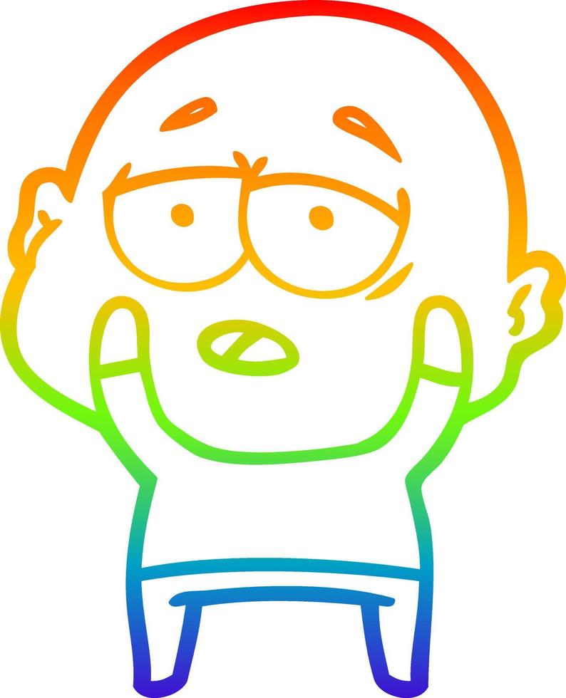 regenbooggradiënt lijntekening cartoon moe kale man vector