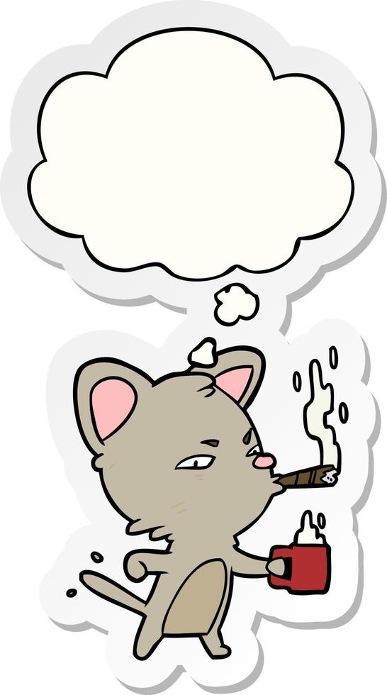 tekenfilm kat met koffie en sigaar en gedachte bubbel net zo een gedrukt sticker vector