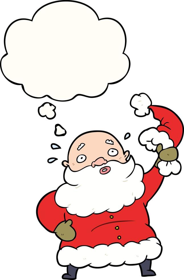 tekenfilm de kerstman claus golvend hoed en gedachte bubbel vector