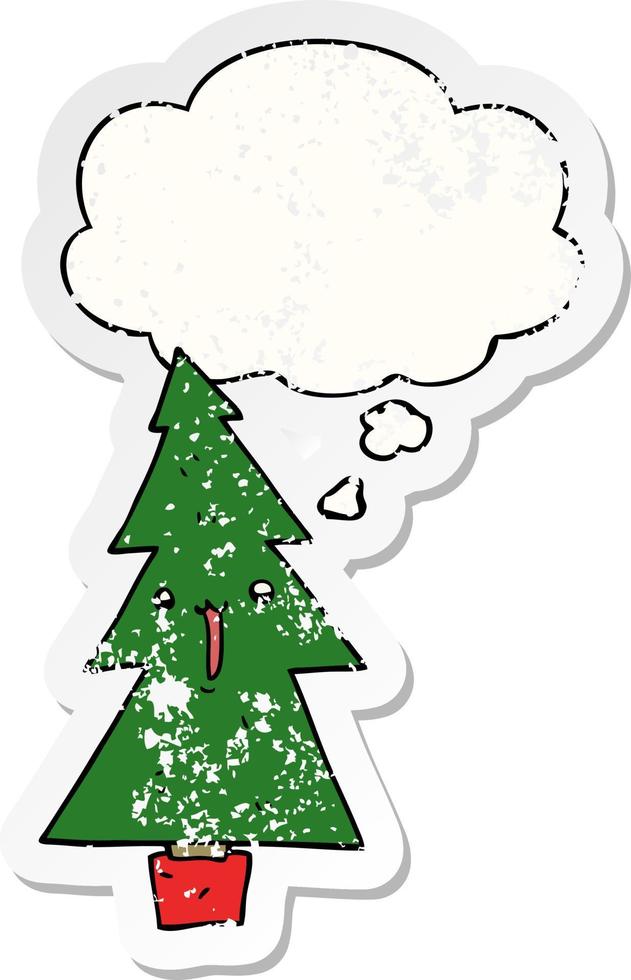 cartoon kerstboom en gedachte bel als een versleten versleten sticker vector