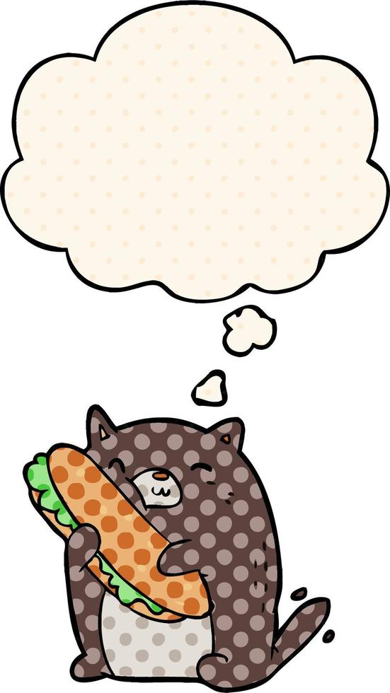 tekenfilm kat met belegd broodje en gedachte bubbel in grappig boek stijl vector