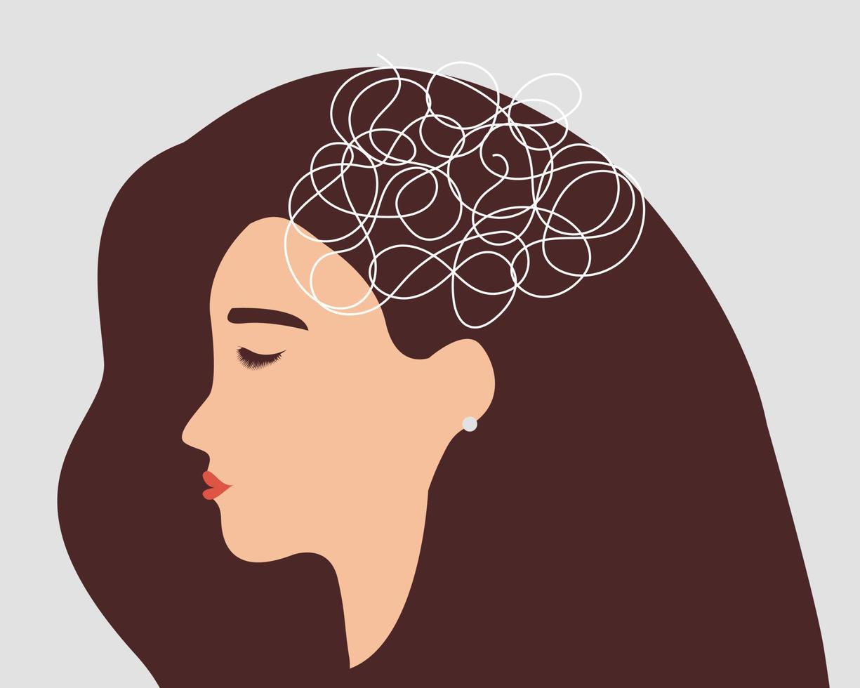 verdrietig vrouw met verbijsterd en verstrikt gedachten in haar verstand. ongelukkig meisje lijdt van depressie, spanning of ongerustheid. mentaal Gezondheid wanorde concept. vector voorraad