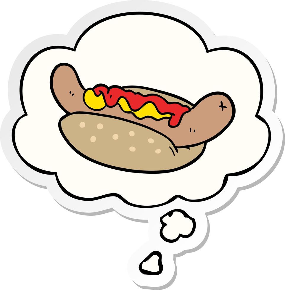 cartoon hotdog en gedachte bel als een gedrukte sticker vector