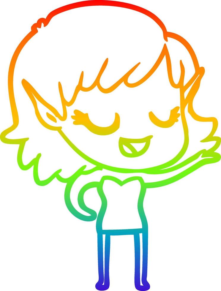 regenbooggradiënt lijntekening happy cartoon elf meisje vector