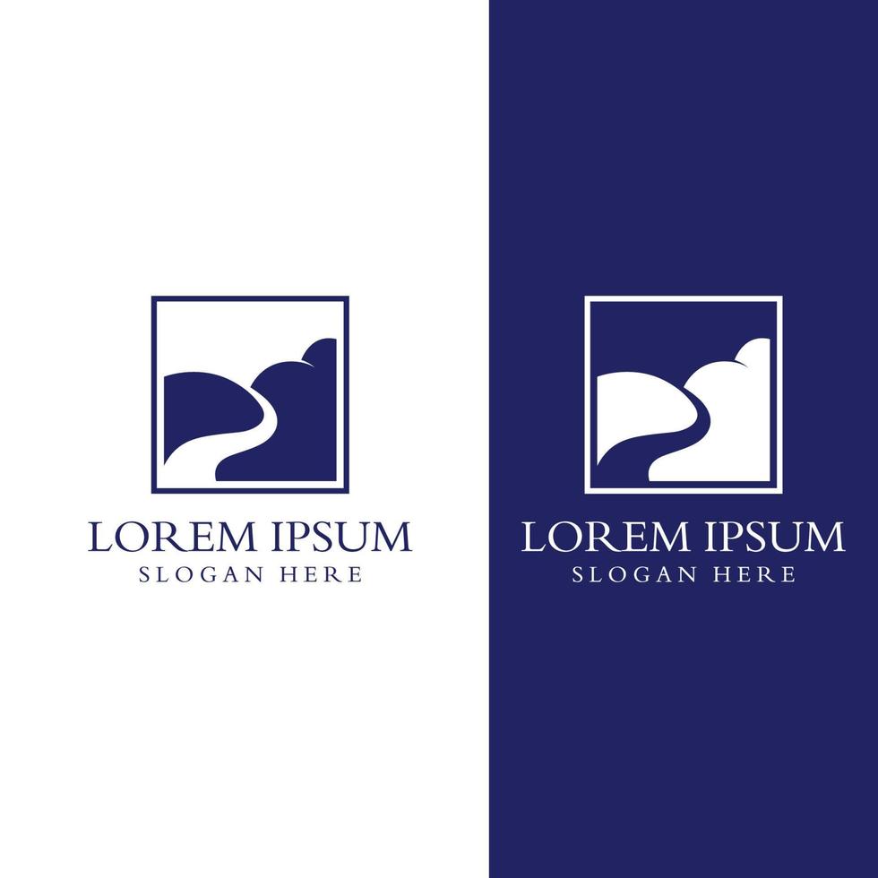 logos van rivieren, kreken, rivieroevers en stromen. rivier- logo met combinatie van bergen en bouwland met concept ontwerp vector illustratie sjabloon.