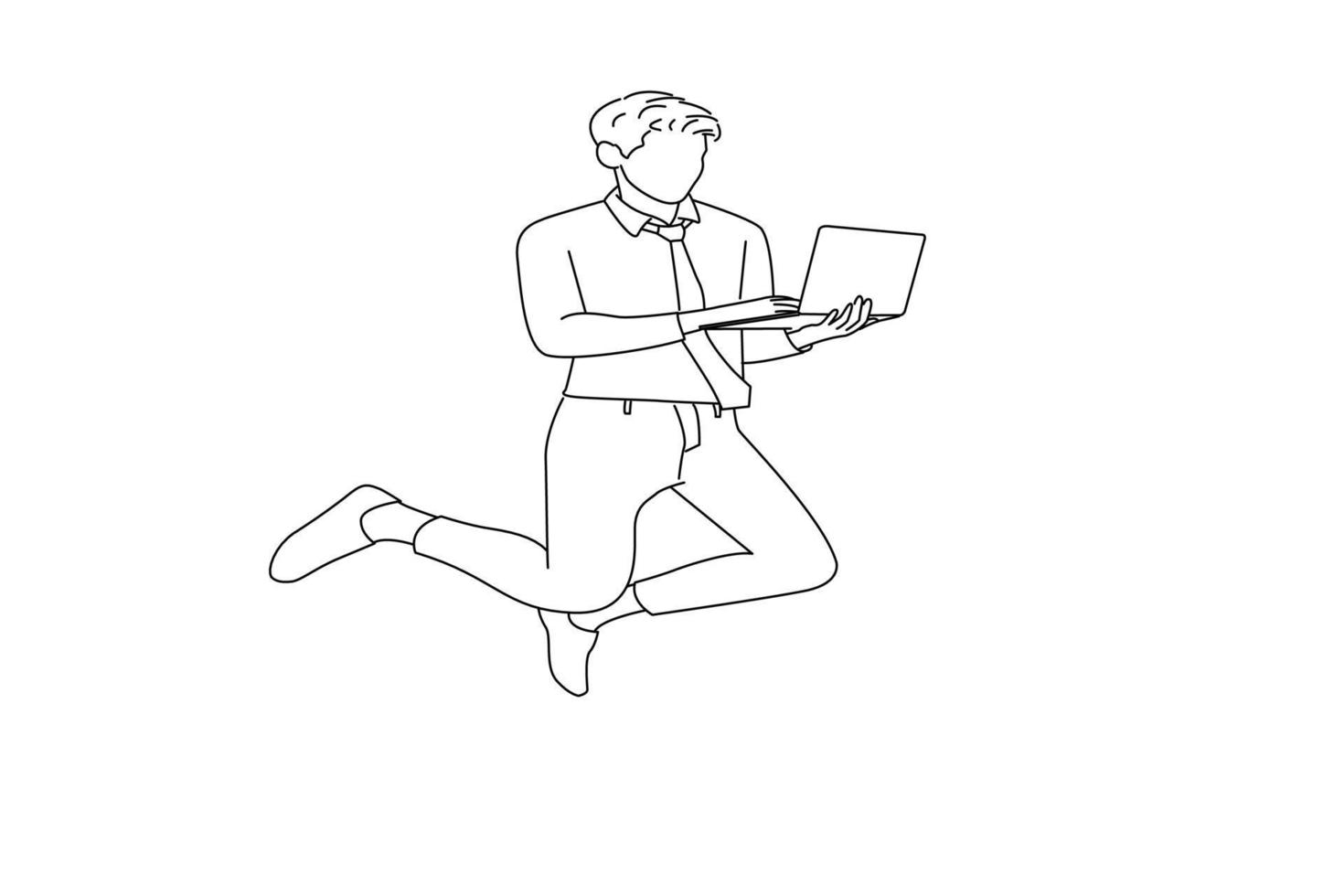 tekening van zakenman jumping in lucht gebruik makend van laptop huis gebaseerd baan geïsoleerd over- wit achtergrond. een lijn kunst vector