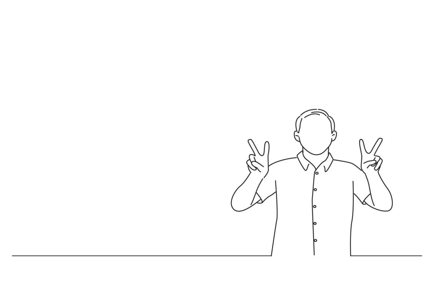tekenfilm van gelukkig professioneel gebaren vrede tonen zege tekens met beide handen. lijn kunst stijl vector
