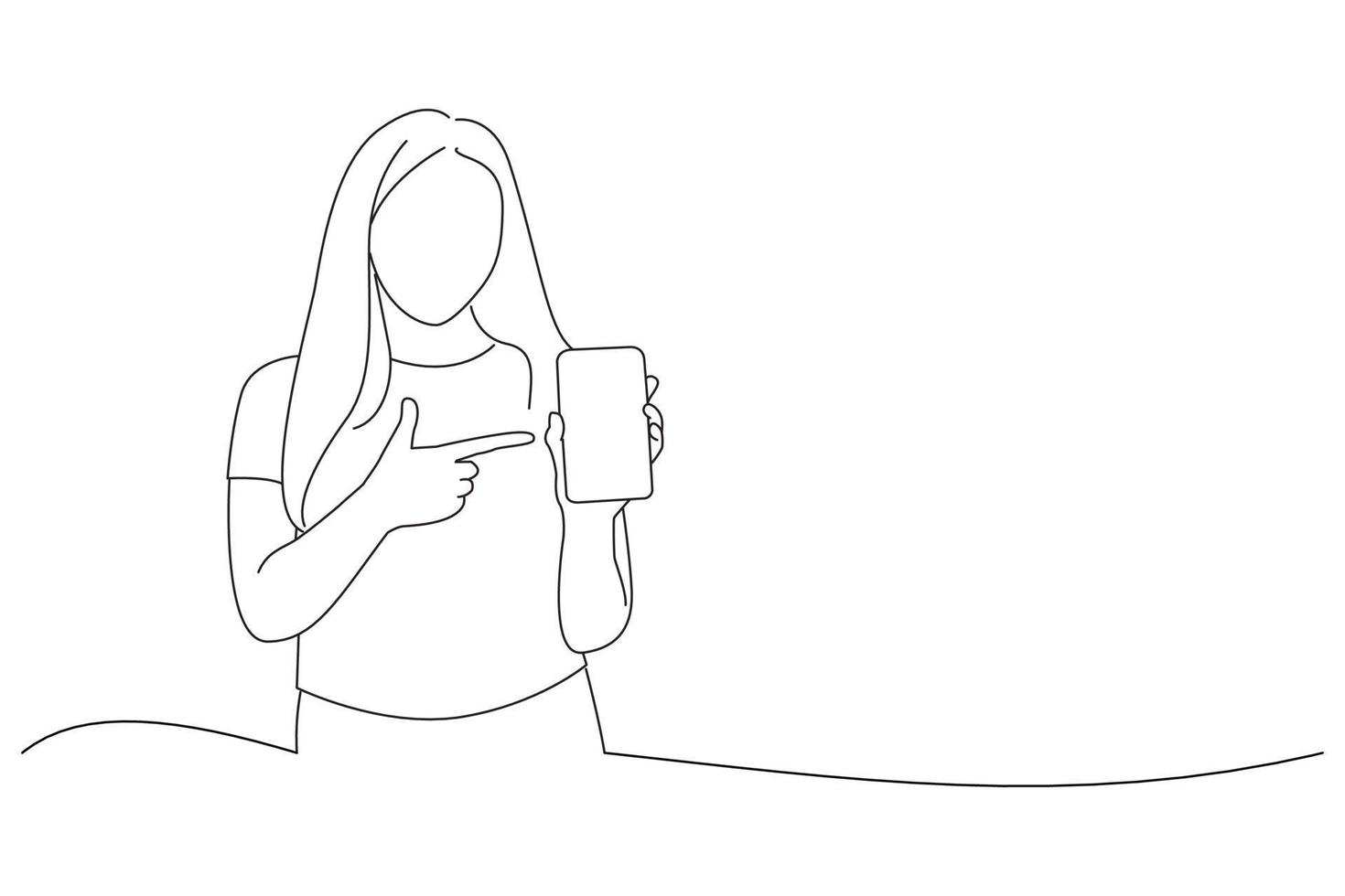 illustratie van gelukkig jong vrouw Holding blanco scherm mobiel telefoon en richten vinger. schets tekening stijl kunst vector