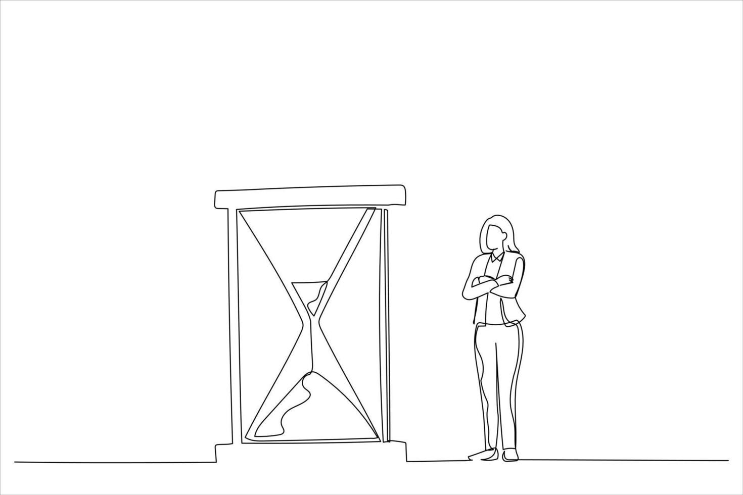 tekenfilm van zakenvrouw staand en op zoek Bij zandloper terwijl tijd gaat door. geduld concept. doorlopend lijn kunst vector