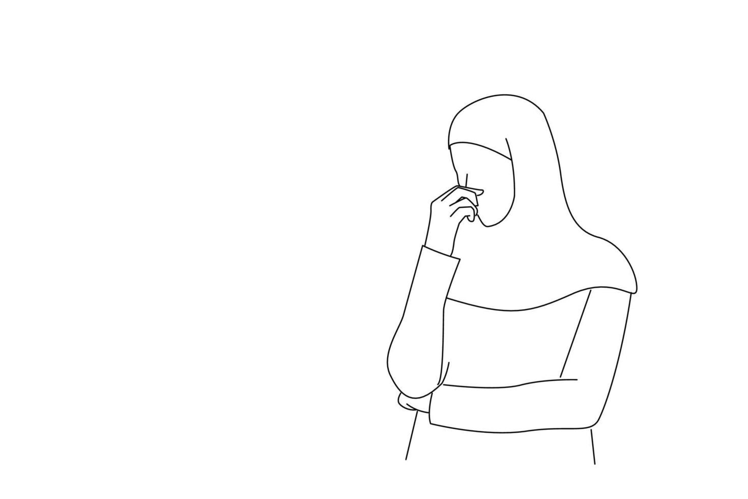 illustratie van walgde Arabisch moslim vrouw in hijab op zoek terzijde aan het bedekken neus- met hand. een lijn kunst stijl vector