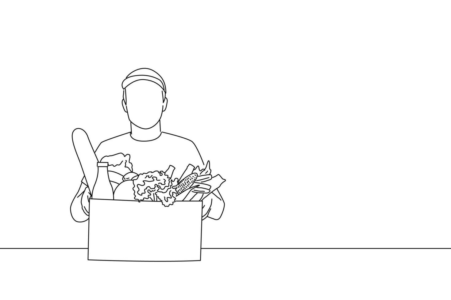 tekenfilm van koerier levering vent draag- pakket doos van kruidenier voedsel en drinken van op te slaan. een lijn kunst tekening stijl vector