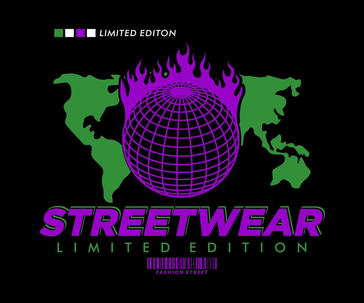 grafisch ontwerp voor t shirt, met wereldbol vlammen, voor straat dragen, wijnoogst mode en stedelijk stijl vector