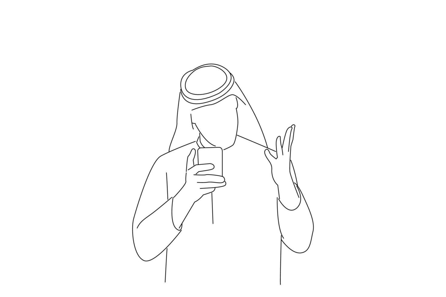 tekening van Arabisch zakenman uitdrukken woede Aan de telefoon. lijn kunst stijl vector