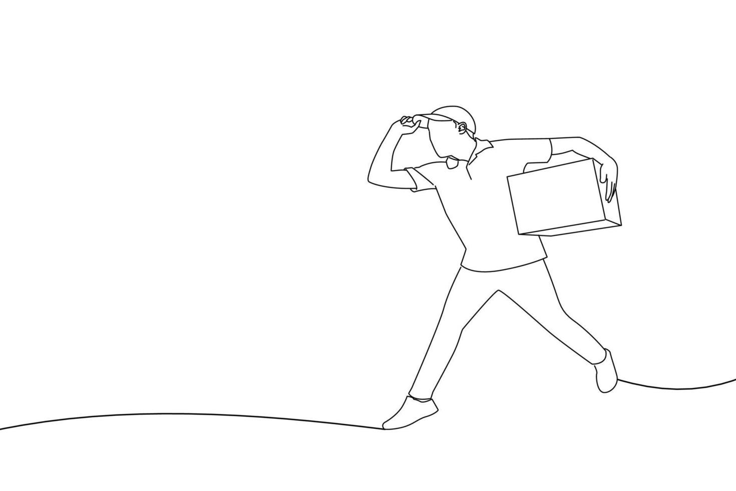 tekening van opgewonden levering Mens rennen en Holding pakket doos. schets tekening stijl kunst vector
