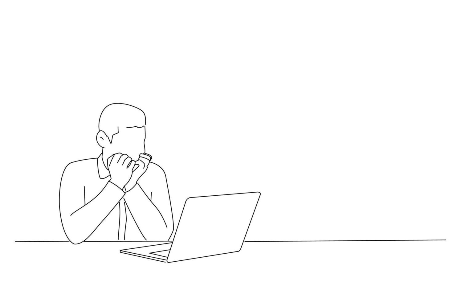 tekenfilm van nerveus bang Mens werknemer zittend kantoor werkplek, op zoek bezorgd angstig Bij laptop scherm en bijten nagels. lijn kunst stijl vector