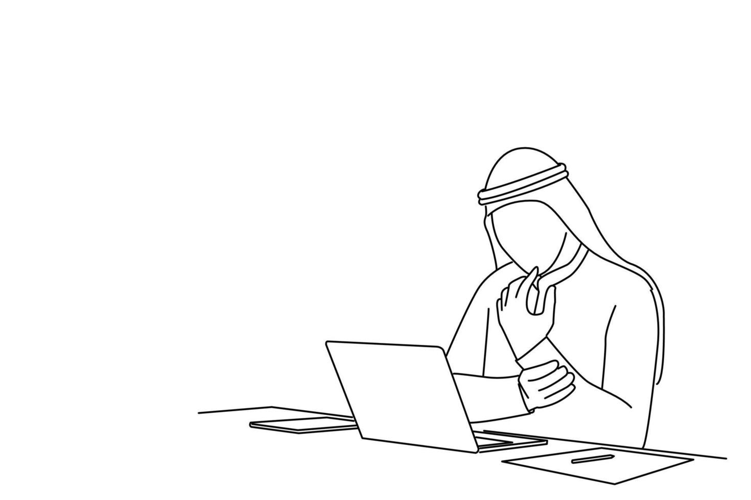 illustratie van uitgeput jong Arabisch Mens met laptop hebben pols pijn. een lijn kunst stijl vector