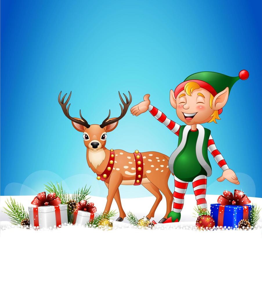 cartoon grappige elf met herten en geschenkdozen vector