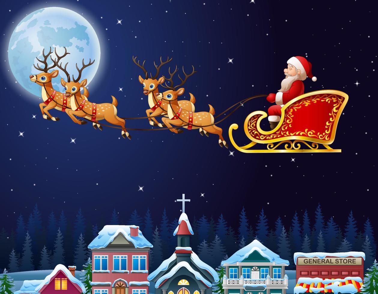 de kerstman rijdt op zijn rendierslee die over de stad vliegt vector