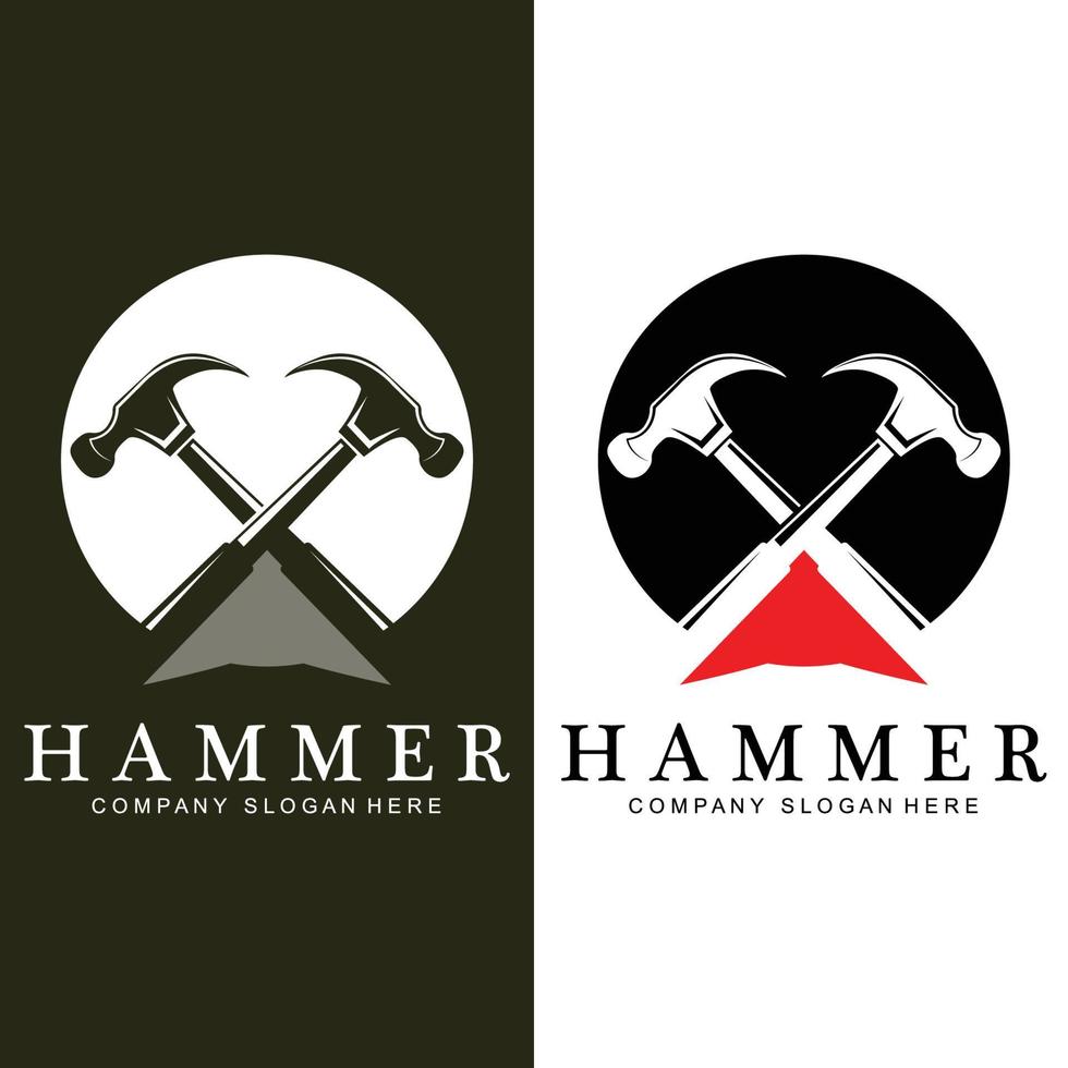 hamer, bouwconstructiehulpmiddelen en rechter logo vectorpictogram, vintage retro ontwerpillustratie vector
