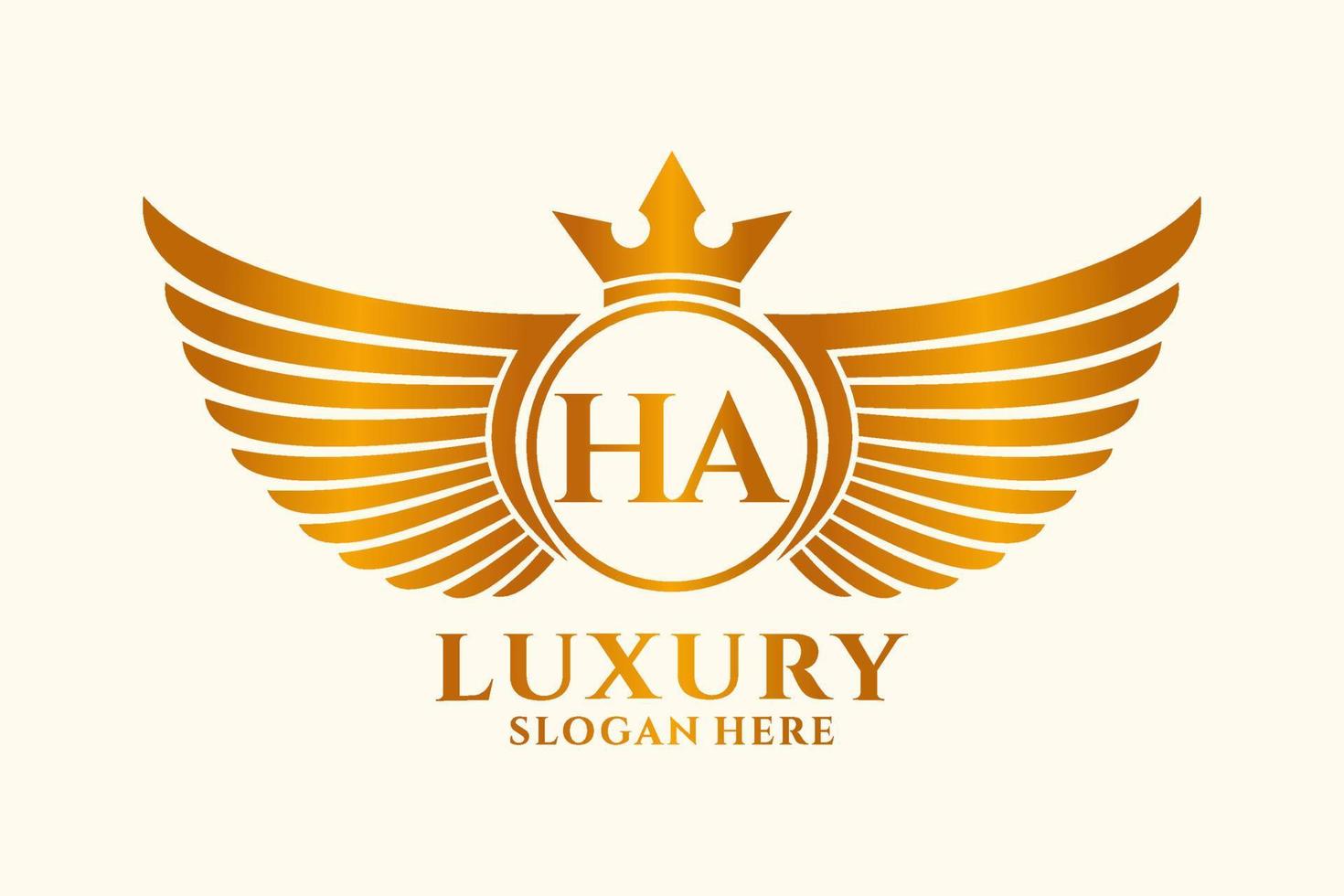 luxe Koninklijk vleugel brief ha kam goud kleur logo vector, zege logo, kam logo, vleugel logo, vector logo sjabloon.