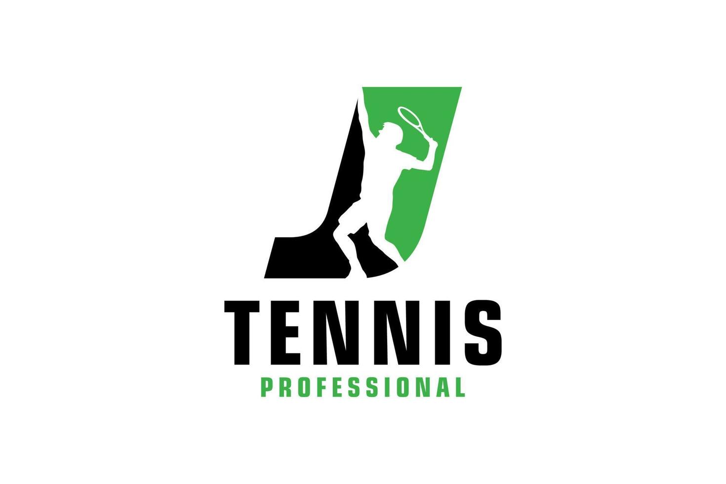 letter j met tennisspeler silhouet logo ontwerp. vectorontwerpsjabloonelementen voor sportteam of huisstijl. vector