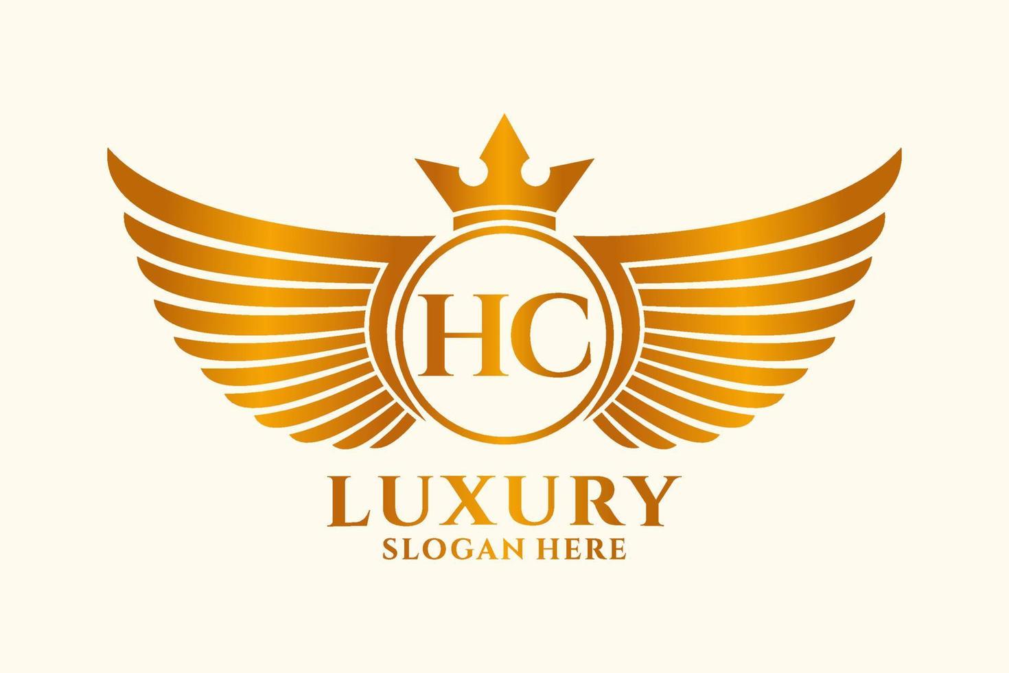 luxe Koninklijk vleugel brief hc kam goud kleur logo vector, zege logo, kam logo, vleugel logo, vector logo sjabloon.