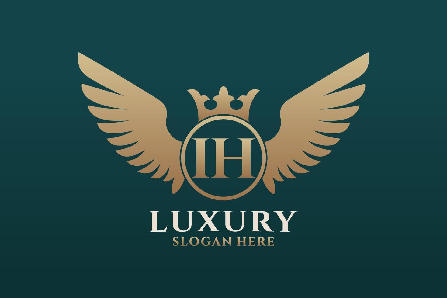 luxe Koninklijk vleugel brief ih kam goud kleur logo vector, zege logo, kam logo, vleugel logo, vector logo sjabloon.