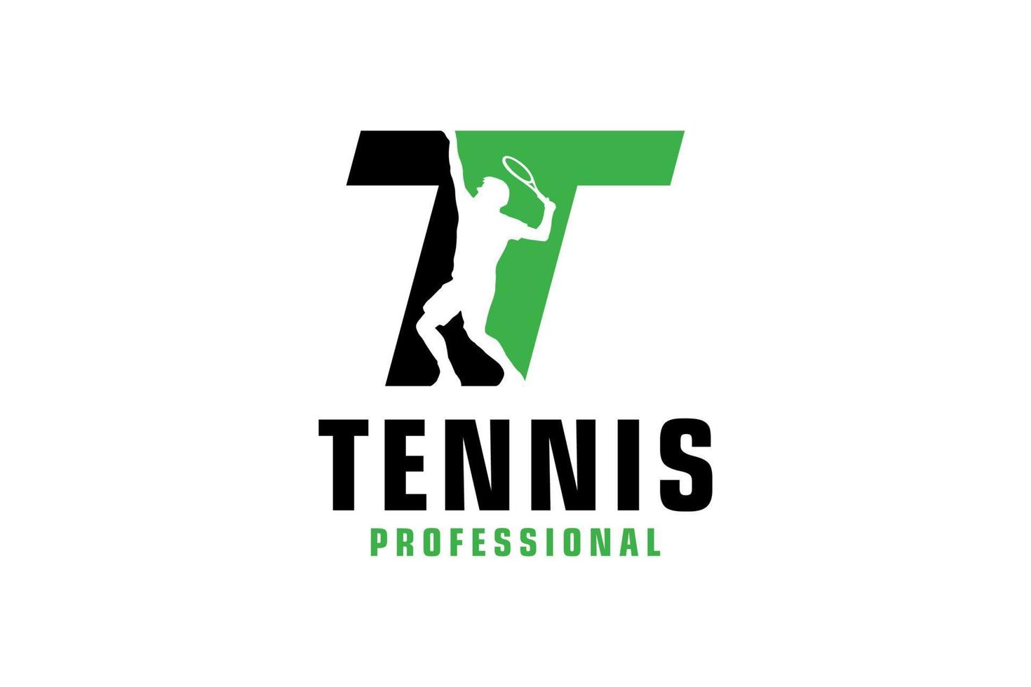 letter t met tennisspeler silhouet logo ontwerp. vectorontwerpsjabloonelementen voor sportteam of huisstijl. vector
