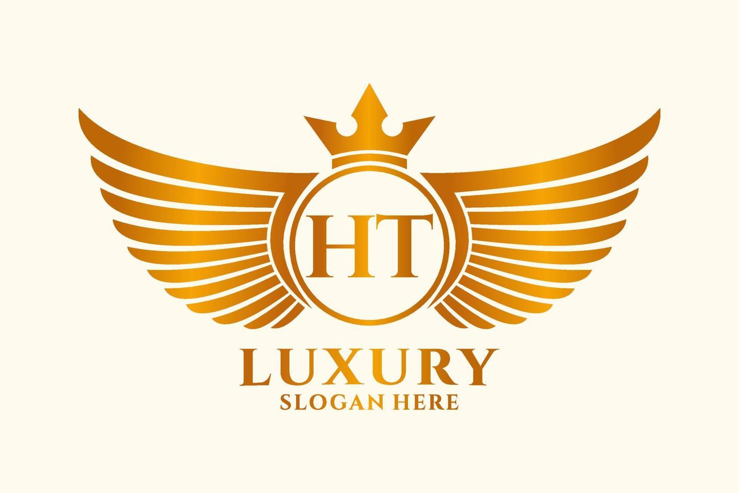 luxe Koninklijk vleugel brief ht kam goud kleur logo vector, zege logo, kam logo, vleugel logo, vector logo sjabloon.