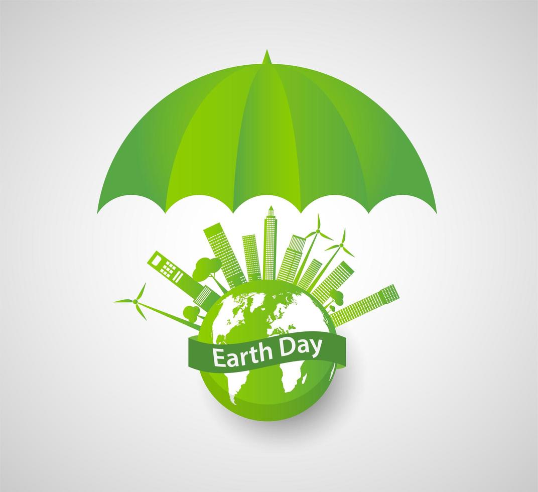 groene paraplu over aarde dag wereldbol met stadsgezicht vector