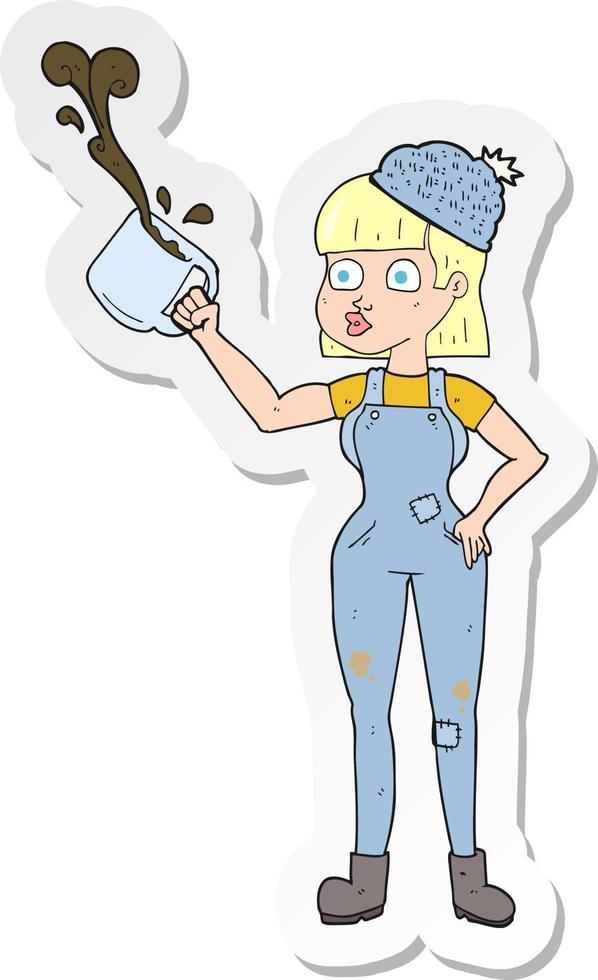 sticker van een tekenfilm vrouw arbeider met koffie mok vector