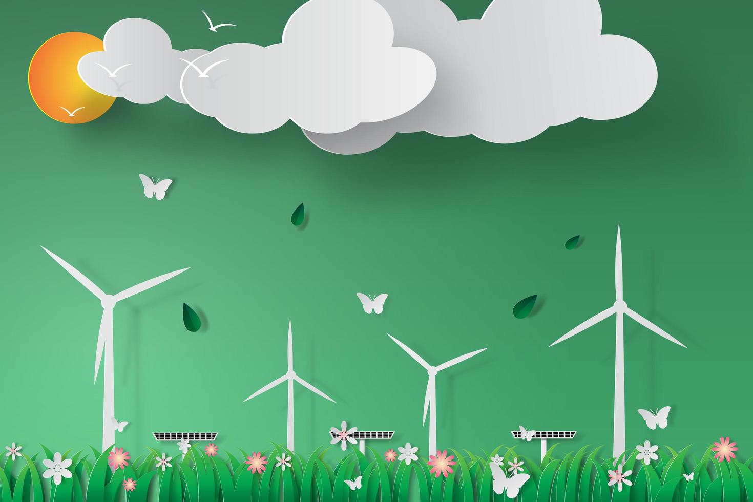 papier kunst groene windturbine zonne-energie ontwerp vector