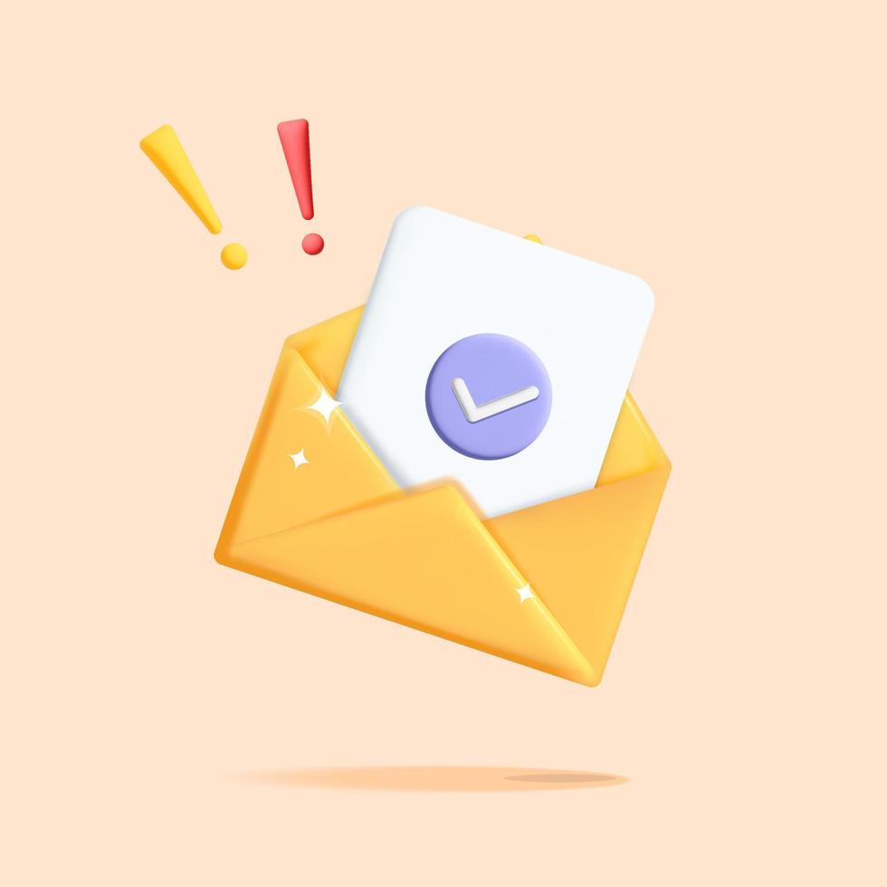 3d vector nieuw goedgekeurd e-mail met controleren Mark symbool in geel Open envelop ontwerp illustratie