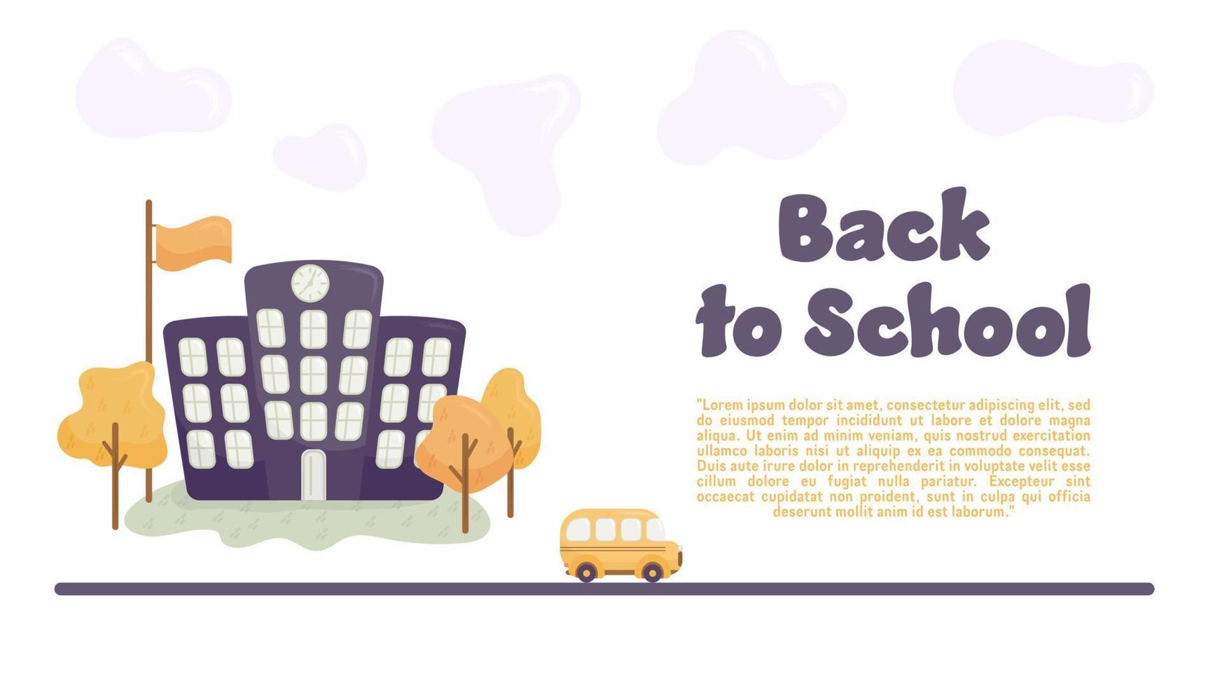 terug naar school. horizontaal vector banier met een school- gebouw, school- bus, bomen, vlag en wolken.