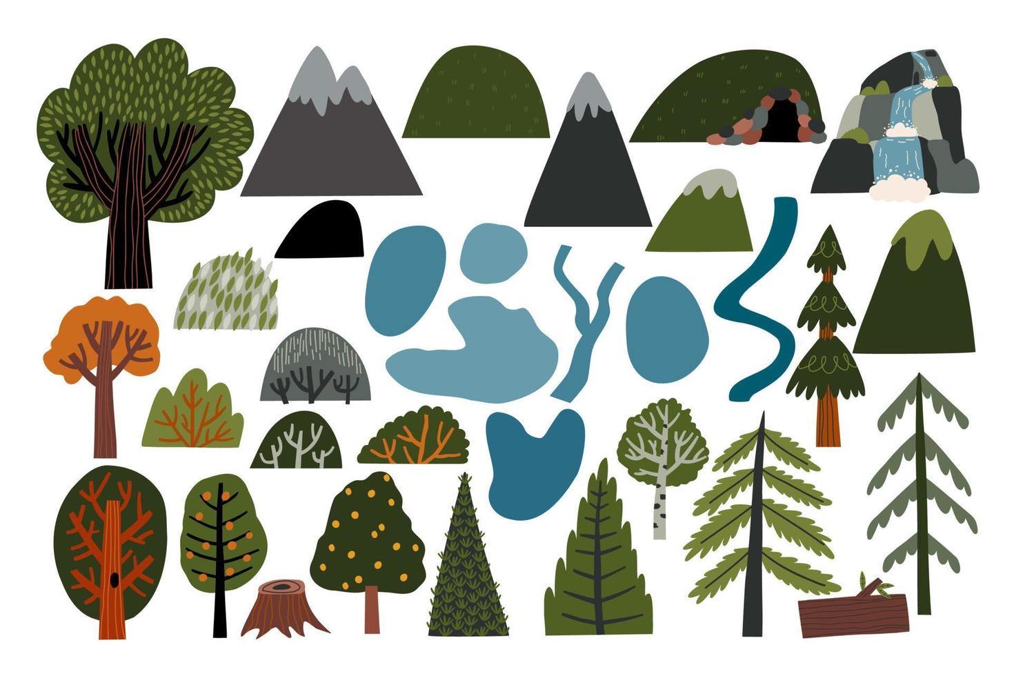 reeks met landschap elementen, bergen, bomen, water lichamen, enz. hand- getrokken vlak vector illustratie