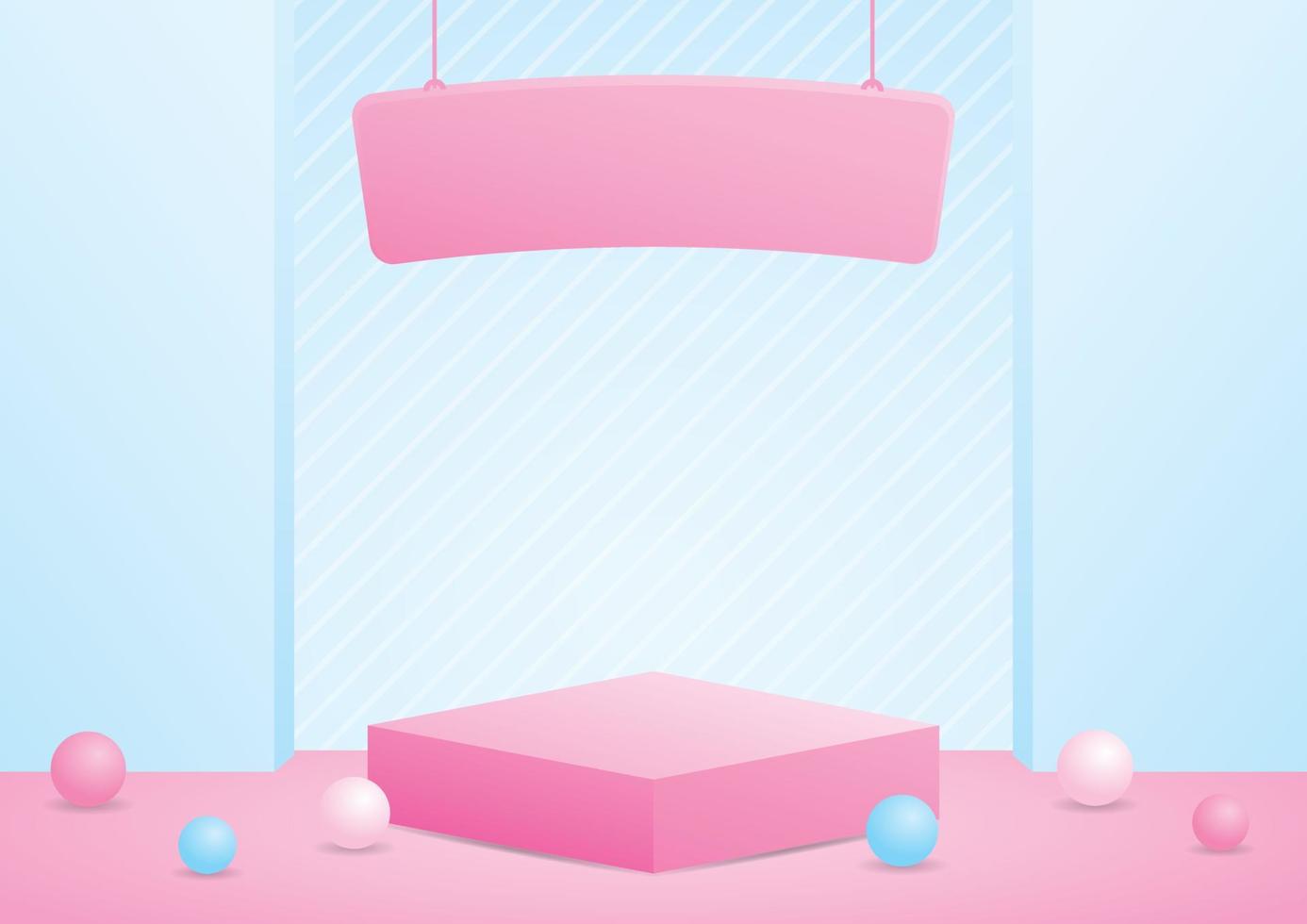 schattig meisjesachtig roze Product Scherm podium met hangende teken Aan zoet pastel blauw backdrop 3d illustratie vector voor zetten voorwerp