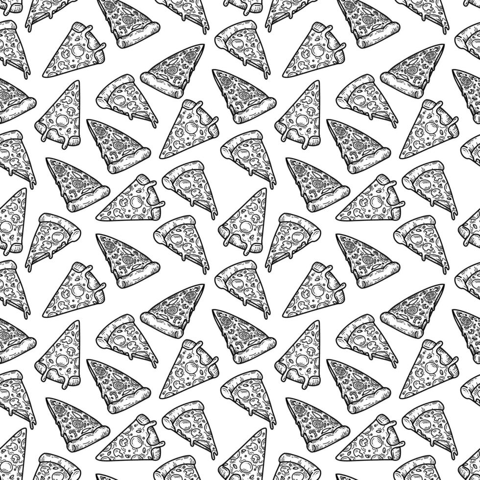 tekening hand- tekening pizza plak met smelten kaas naadloos patroon achtergrond vector