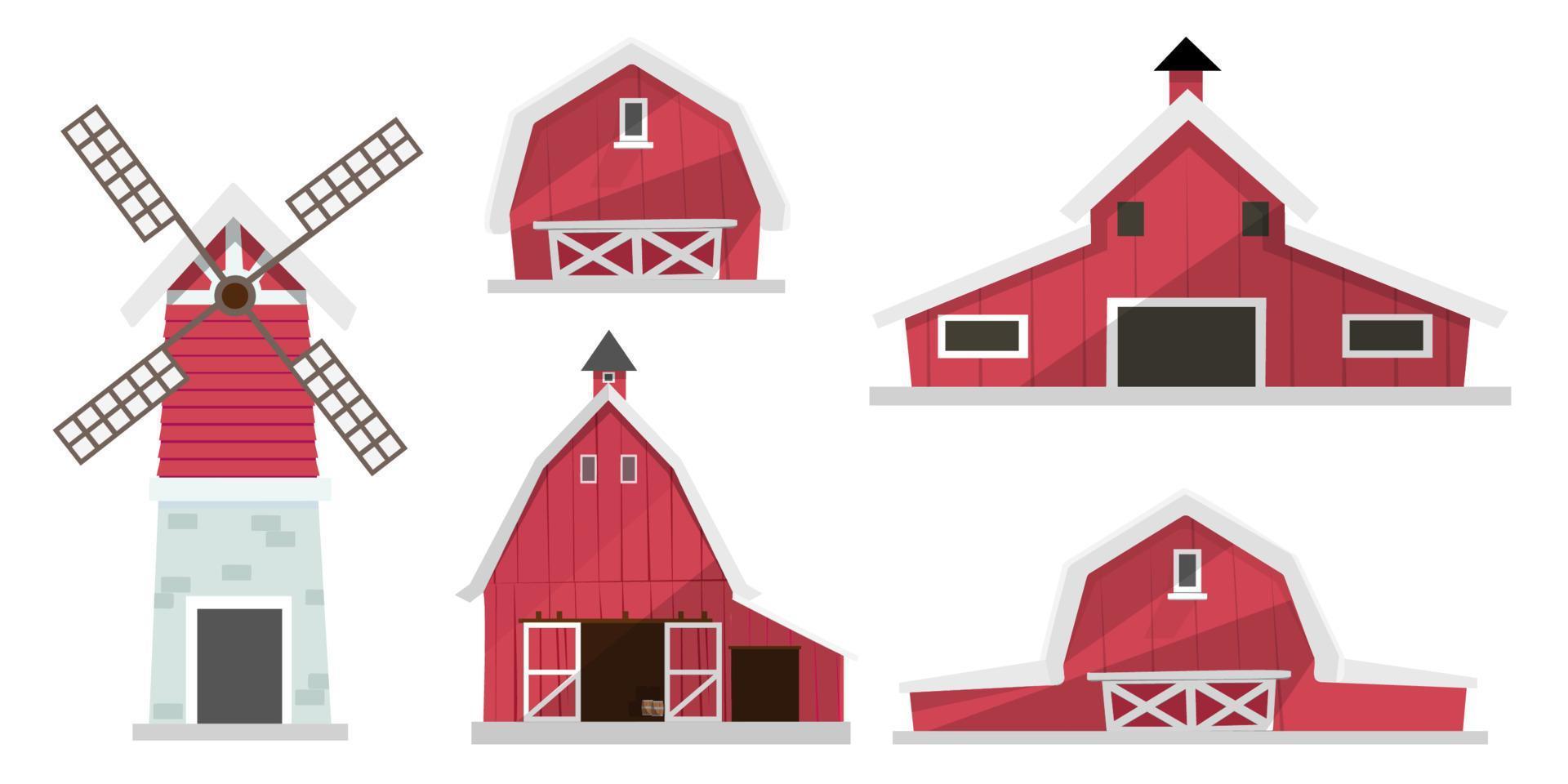 set boerderij elementen. landbouw geïsoleerde illustraties. schuur gebouwen, windturbines. vector