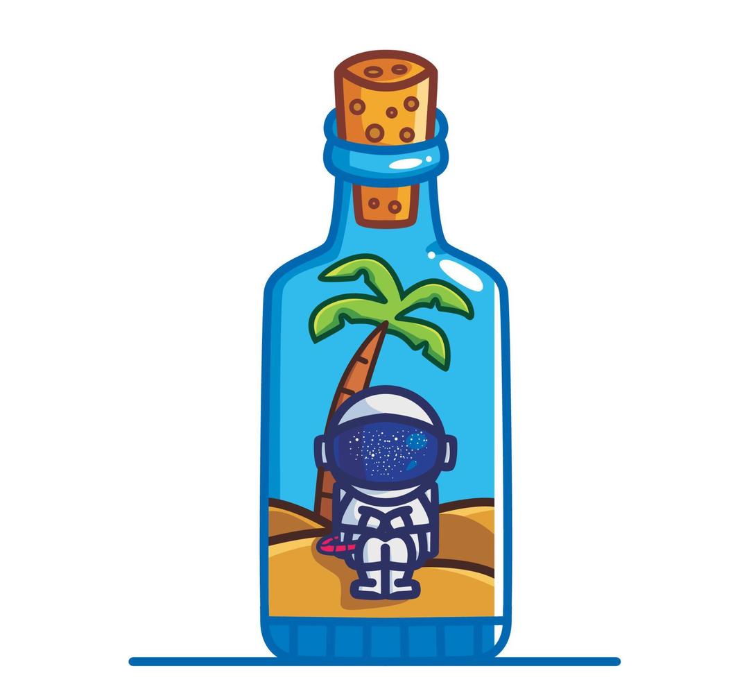 schattig astronaut binnen de fles. tekenfilm reizen vakantie vakantie zomer concept geïsoleerd illustratie. vlak stijl geschikt voor sticker icoon ontwerp premie logo vector. mascotte karakter vector