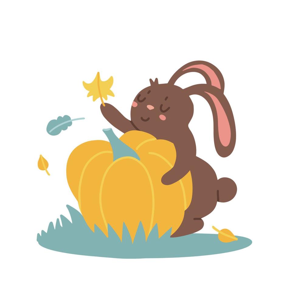 schattig konijn met een herfst oogst. weinig bruin konijn Holding een groot pompoen in haar poten geïsoleerd Aan een wit achtergrond. vector vlak hand- getrokken illustratie geïsoleerd Aan wit achtergrond.