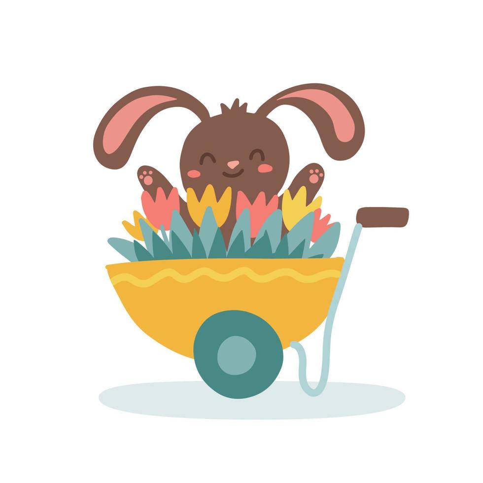 tuinieren konijn zittend in een kruiwagen vol van wild bloemen. perfect voor kleding stof, partij uitnodigingen, baby en kinderen, en huis decor projecten. vector vlak hand- getrokken tekenfilm illustratie
