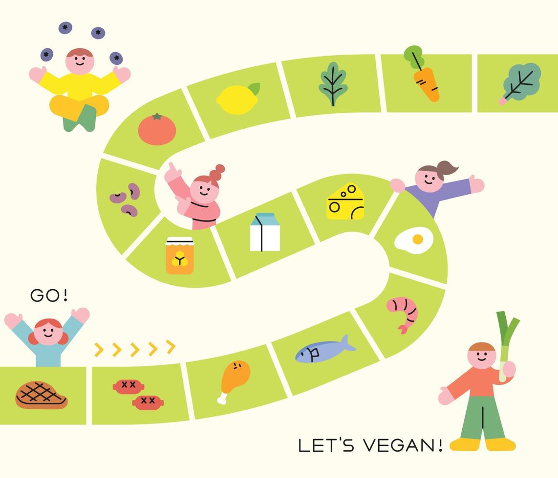 bord spel concept veganistisch kaart. gezond voedsel is gelegd uit Aan de weg. vlak ontwerp stijl vector illustratie.