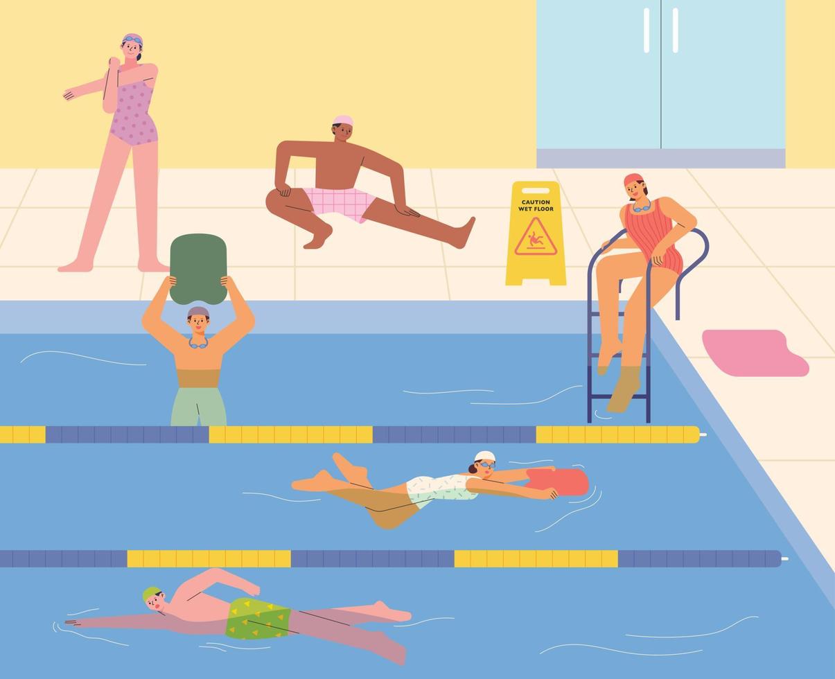 mensen zijn zwemmen in een binnen- zwembad. vlak ontwerp stijl vector illustratie.