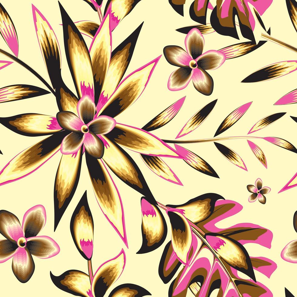 abstract naadloos tropisch patroon met mooi geel en roze planten en bladeren Aan beige achtergrond. mooi afdrukken met hand- getrokken exotisch fabriek. bloemen achtergrond. zomer ontwerp. exotisch keerkring vector