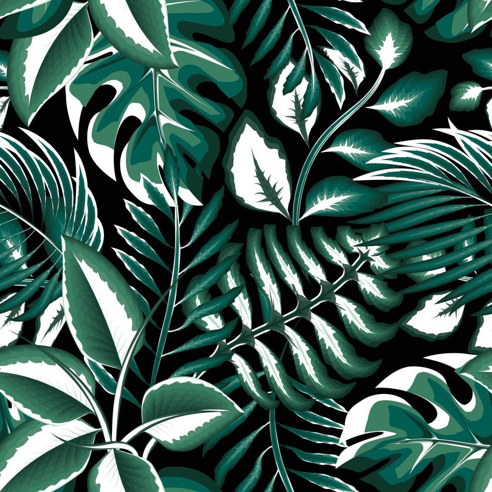 groen oerwoud illustratie naadloos patroon met tropisch bladeren en planten gebladerte Aan nacht achtergrond. Woud illustratie. Woud behang. natuur achtergrond. monstera palm blad. exotisch tropen vector