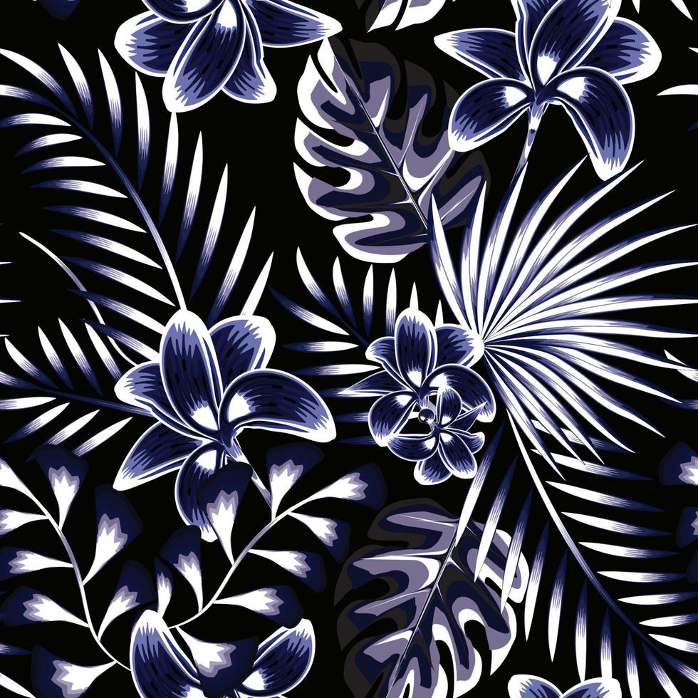 licht wijnoogst bloemen en tropisch bladeren in artistiek monochroom leven blauw kleur. zomer naadloos vector strand behang Aan donker achtergrond. monochromatisch elegant tropisch bloemen patroon. exotisch